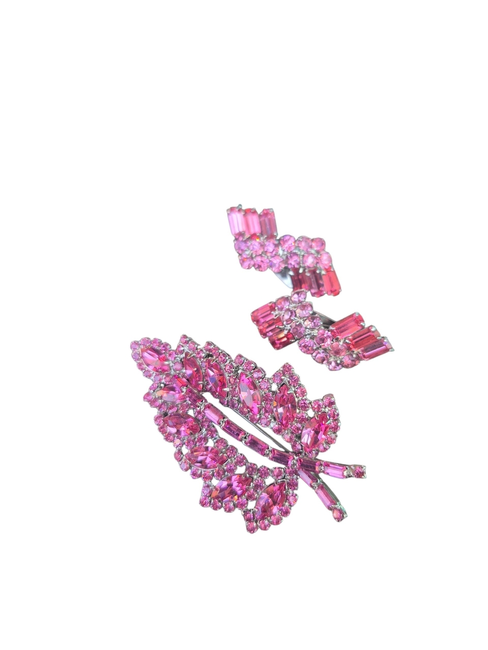 Feminine Pink Crystal Leaf Brooch Set